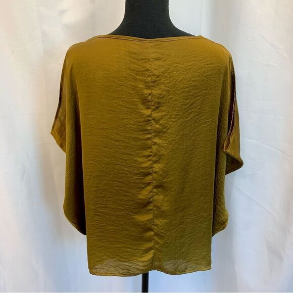 OXMO mustard khaki green V neck web sleeve blouse Sz M - Picture 8 of 14